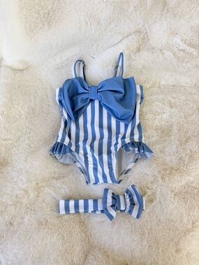 New Blue & White Striped Bow One-Piece Swimsuit with Headband